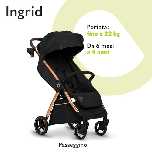 LIONELO INGRID Passeggino leggero per bambini da 6mesi a 4 anni/22kg Grandi ruote 360° in Schiuma EVA Assorbimento Pieghevole con una mano Schienale e poggiapiedi regolabili (INGRID, Nero) : Prima infanzia