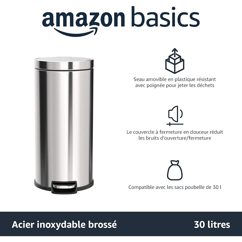 Amazon Basics Poubelle à fermeture amortie, Ronde, 30 l (7.9 Gallons), Argent : Cuisine et Maison