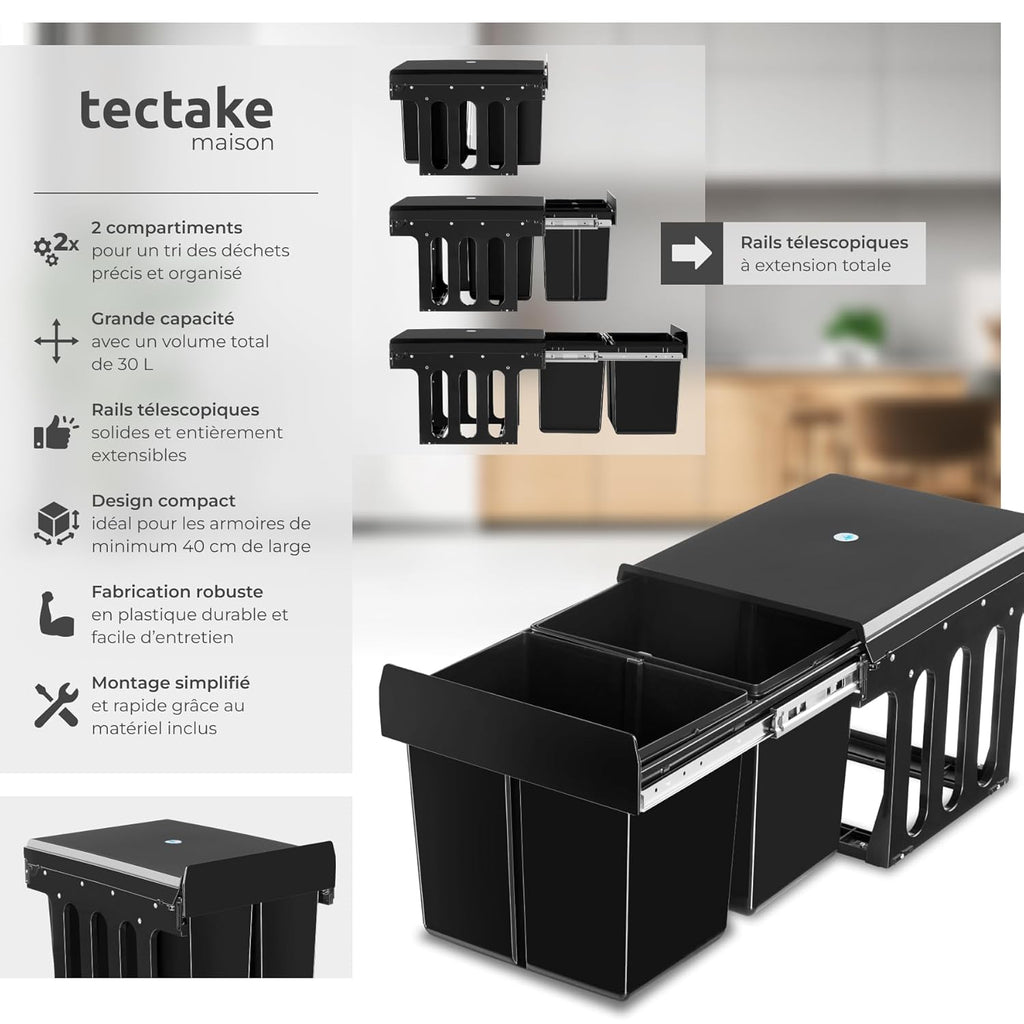 TecTake® Poubelle de tri selectif pour Meuble de cuisine Poubelle cuisine Noir Poubelle 2 compartiments 2x15L Poubelle cuisine 30 litres Poubelle sous evier Poubelle encastrable Poubelle plastique : Cuisine et Maison