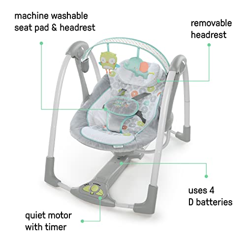Ingenuity Altalena portatile Swing 'n Go Hugs and Hoots, 5 velocità di rotazione, 6 melodie rilassanti, barra giocattolo rimovibile, età neonatale  , grigio : Prima infanzia