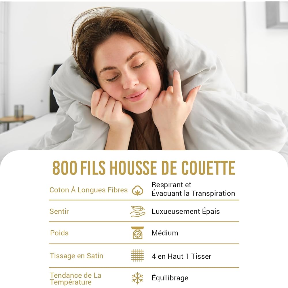 Pizuna Coton Luxueux Ensemble de Housses de Couette 200x200 cm 2 Personnes Blanc, Tissu de Satin de Coton à 800 Fils au Pouce carré Housse de Couette Respirante avec Fermeture à Boutons : Cuisine et Maison