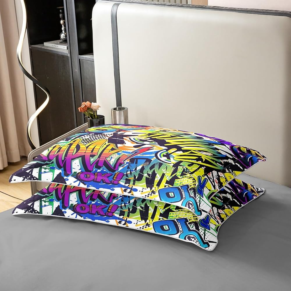Homemissing Style de Graffiti Hippie 100% Coton Housse de Couette 200x200cm décoration Hip Hop Parure de lit Enfants 100% Coton Garçon Fille Teen Room Decor Motif de Graffiti Literie Set : Cuisine et Maison