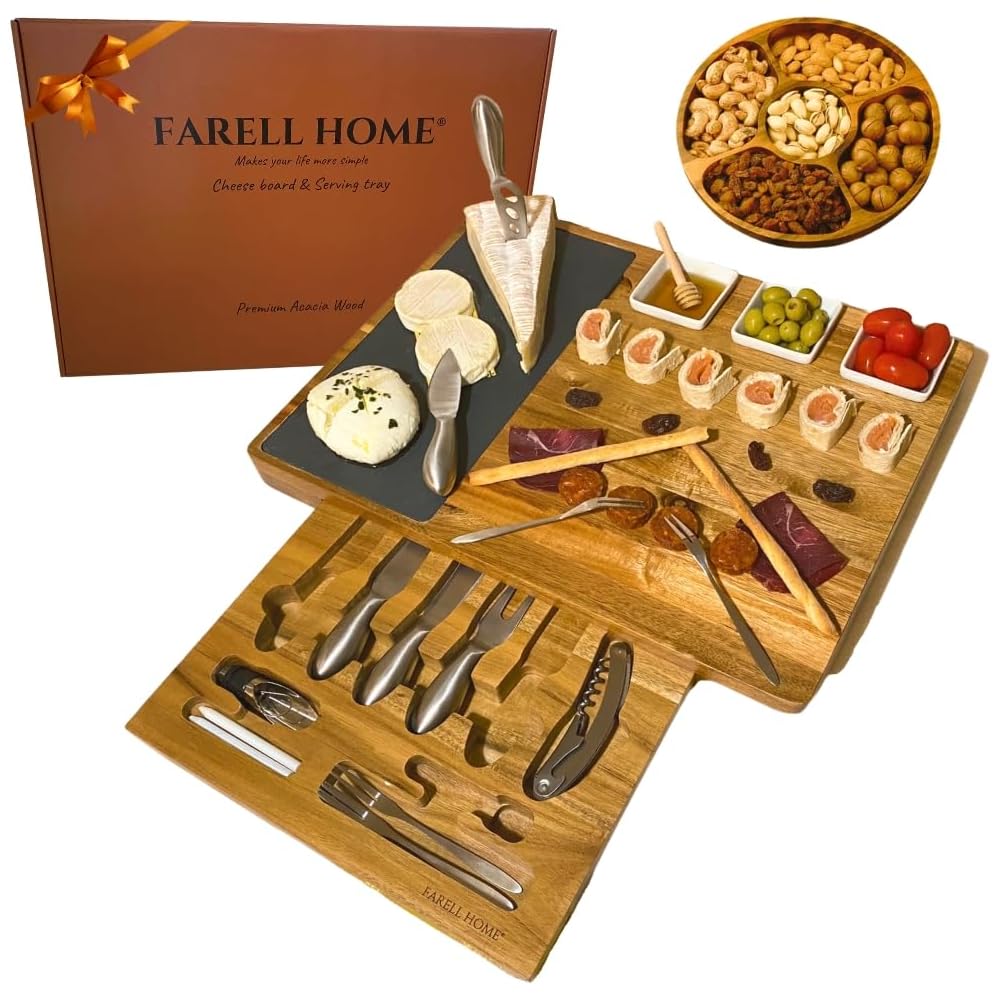 Farell Home® – Plateau a Fromage &amp; Charcuterie en Bois d'Acacia - Planche Complet pour l’Apéro – Couverts, Ardoise et Ramequin – Coffret Dégustation – Idée Cadeau. (Rectangulaire) : Cuisine et Maison