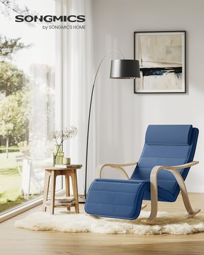SONGMICS Sedia Legno di Betulla, Poltrona a Dondolo con Poggiapiedi Regolabile a 5 Altezze, Fodera in Cotone, Portata 150 kg, Blu Notte LYY041Q01, 67 x 125 x 91 cm : Casa e cucina