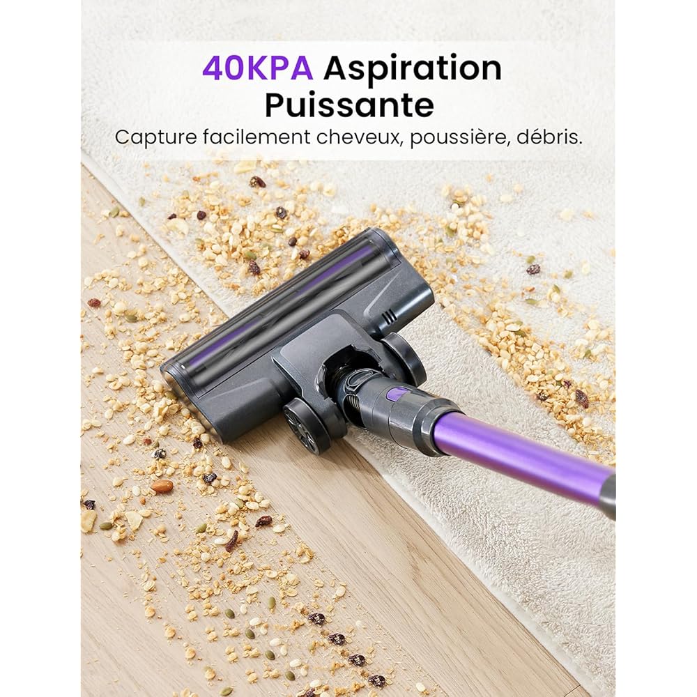 Aspirateur Balai sans Fil, 450W/40Kpa/60 Mins, Aspirateur sans Fil avec Écran LED, Filtration Cyclonique 4 Étapes, Aspirateur pour Tapis,Sols Durs,Poils d'animaux,Aspirateur Balai Léger,Violet : Cuisine et Maison