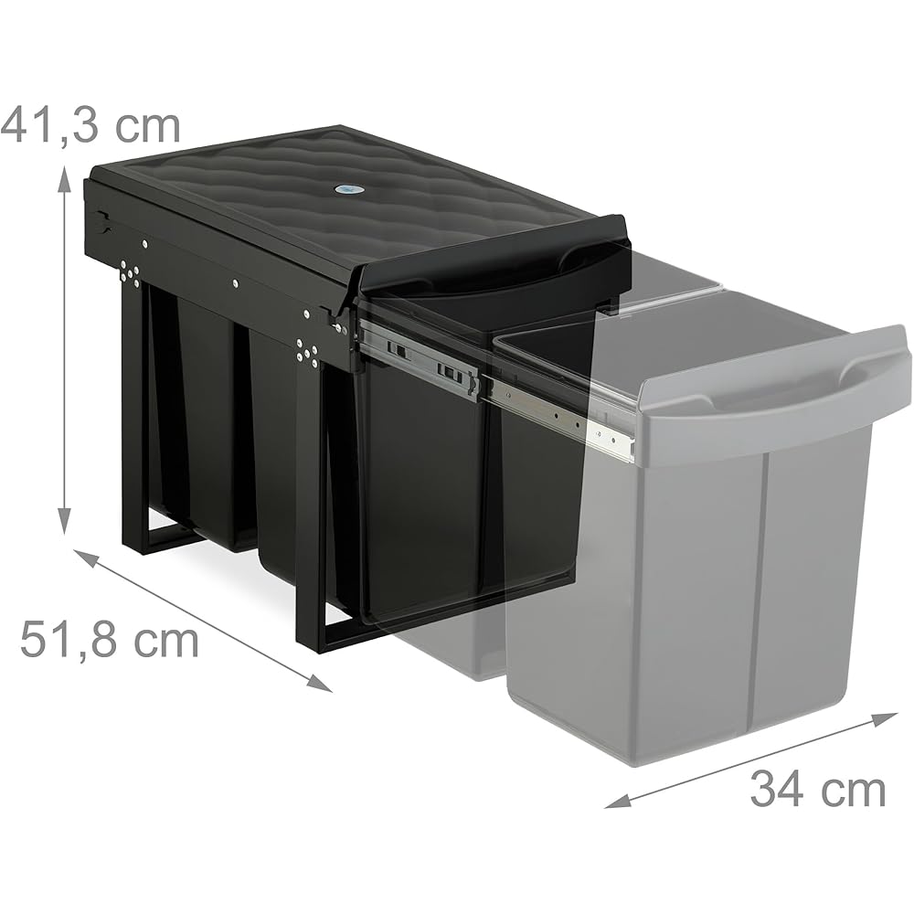 Relaxdays Poubelle encastrable pour la Cuisine, 2 bacs de 20 litres chacun, HLP : 41,3 x 34 x 51,8 cm, Noire : Cuisine et Maison