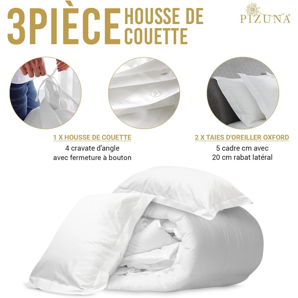 Pizuna Coton Luxueux Ensemble de Housses de Couette 200x200 cm 2 Personnes Blanc, Tissu de Satin de Coton à 800 Fils au Pouce carré Housse de Couette Respirante avec Fermeture à Boutons : Cuisine et Maison