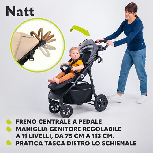 LIONELO NATT Passeggino compatto per bambini dalla nascita fino a 22 kg Pieghevole, Completa regolazione, Posizione sdraiata, Cinture 5punti, Grandi ruote Ammortizzazione, Cappottina XXL, Impermeabile : Prima infanzia