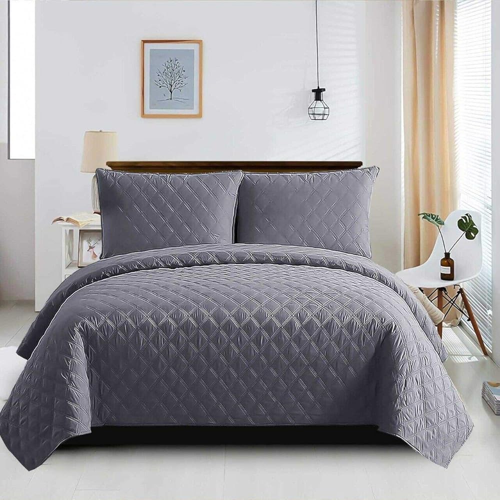 Parure de lit matelassée réversible en relief - En microfibre - Facile d'entretien - Ultraléger - Pour lit simple - Gris : Cuisine et Maison