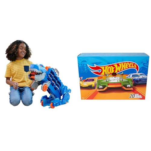 Hot Wheels City   Mega Dino Trasportatore, pista da corsa che si trasforma in un T Rex &amp; Confezione da 20 Macchinine, Veicoli in Scala 1:64 Assortiti : Giochi e giocattoli