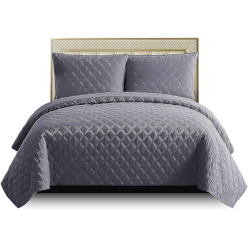 Parure de lit matelassée réversible en relief - En microfibre - Facile d'entretien - Ultraléger - Pour lit simple - Gris : Cuisine et Maison