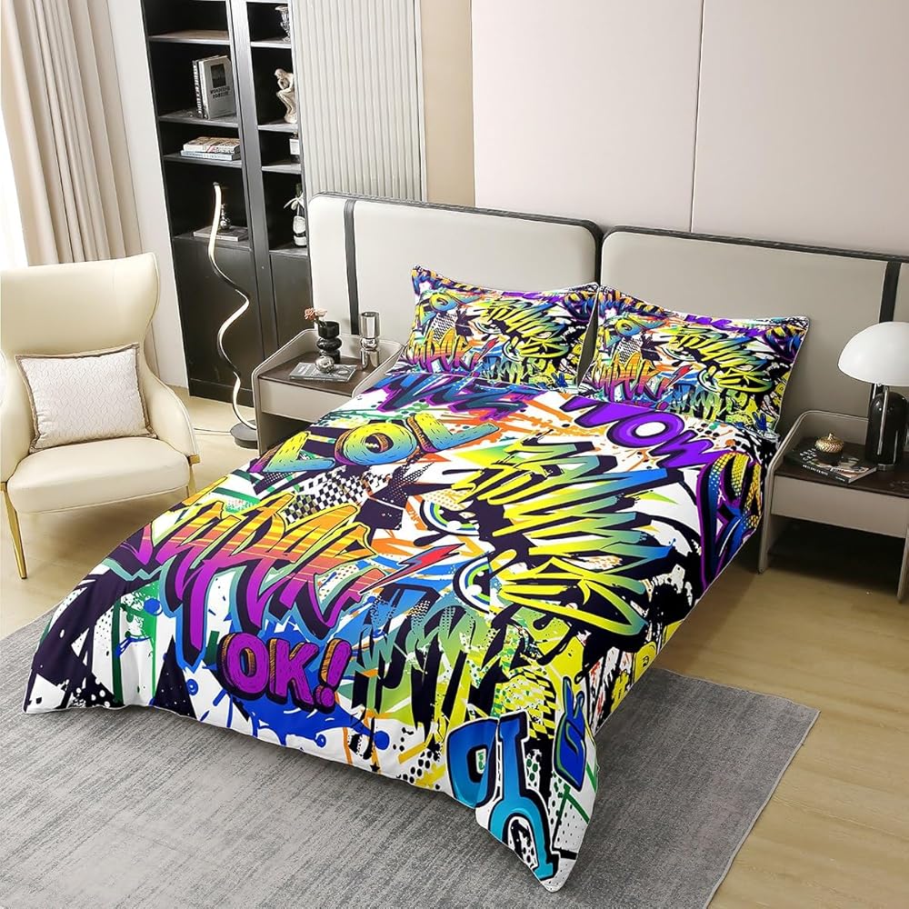 Homemissing Style de Graffiti Hippie 100% Coton Housse de Couette 200x200cm décoration Hip Hop Parure de lit Enfants 100% Coton Garçon Fille Teen Room Decor Motif de Graffiti Literie Set : Cuisine et Maison