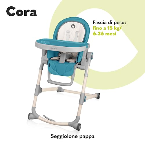 LIONELO Cora Seggiolone pappa per bambini da 6 mesi a 3 anni/15kg Pieghevole e regolabile: Altezza, poggiapiedi e schienale, Vassoio rimovibile, Fibbia a 5punti, 4 Rotelle che non graffiano, Stabile : Prima infanzia