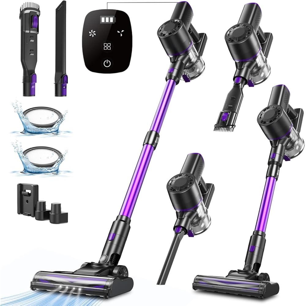 Aspirateur Balai sans Fil, 450W/40Kpa/60 Mins, Aspirateur sans Fil avec Écran LED, Filtration Cyclonique 4 Étapes, Aspirateur pour Tapis,Sols Durs,Poils d'animaux,Aspirateur Balai Léger,Violet : Cuisine et Maison