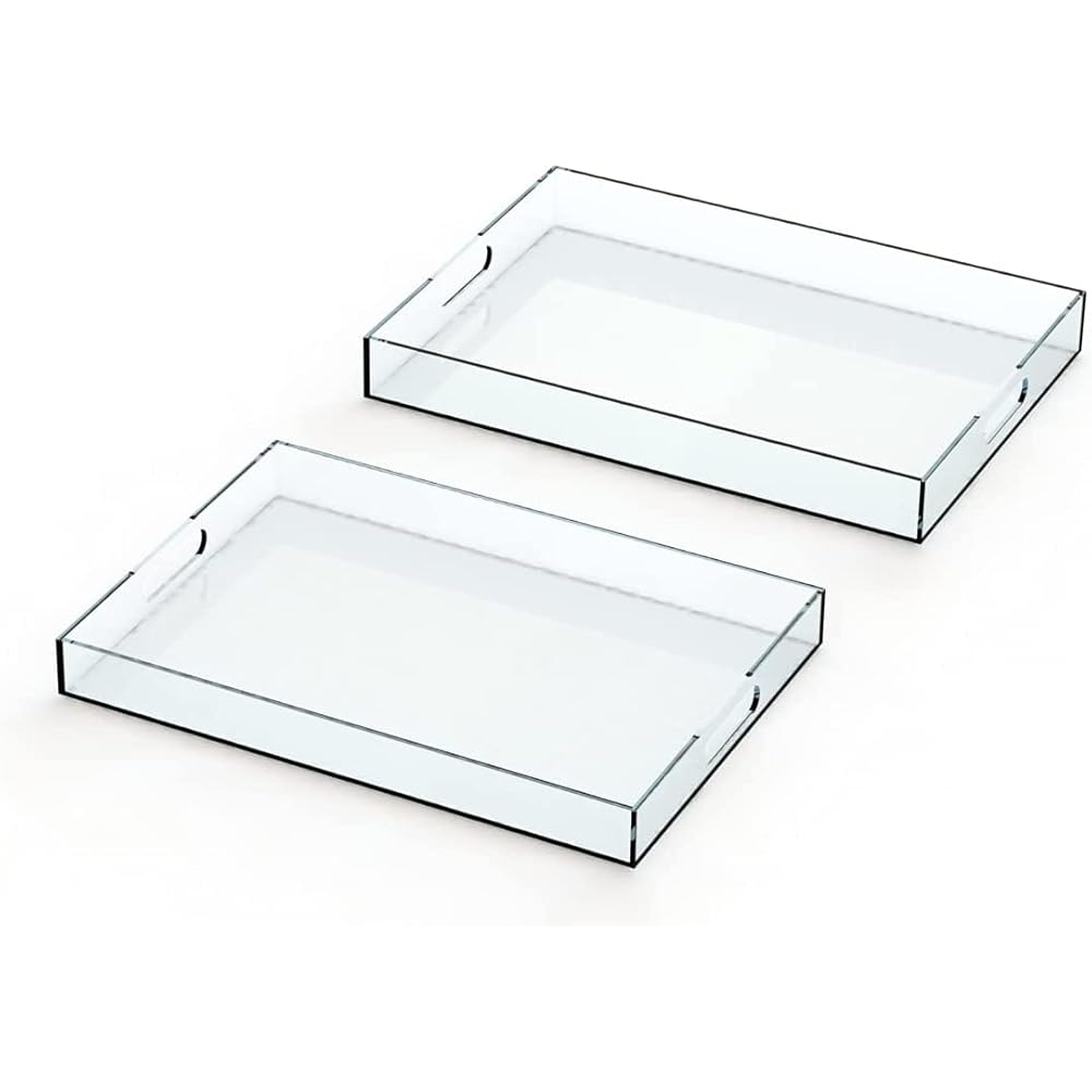 Plateau en Plastique Acrylique avec Poignées - Grand Plateau Rectangulaire - Petit Déjeuner, Thé/Café, Aliments, Boissons - Lot de 2 : 42x30x5cm &amp; 40x28x4,3cm (TRANSPARENT) : Cuisine et Maison