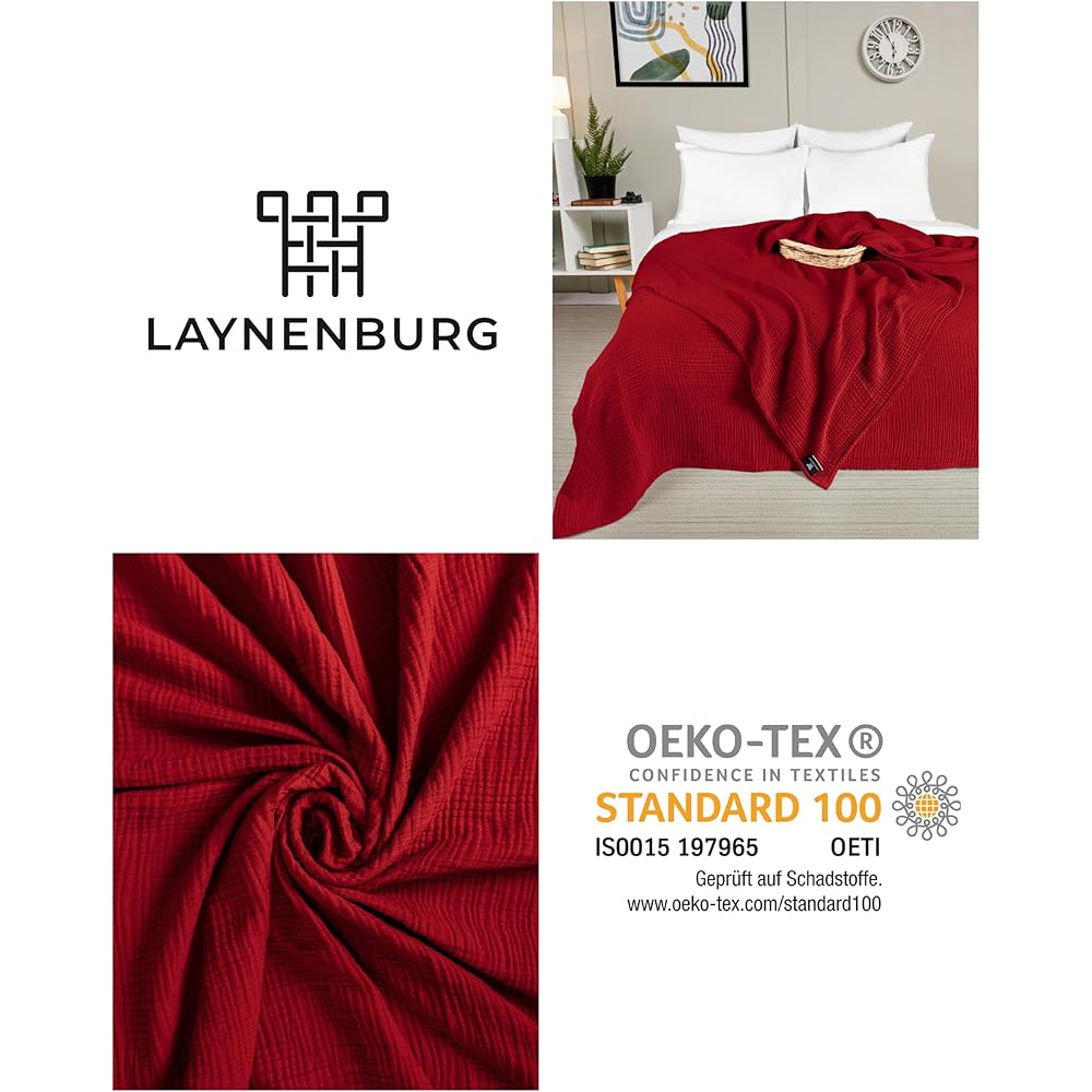 LAYNENBURG Premium Mousseline Couvre-lit 220 x 240 cm XXL - 100% Coton - Couverture en Coton Extra Doux pour se blottir, Couvre-lit, Couvre-canapé, Couvre-canapé (Bordeaux) : Cuisine et Maison