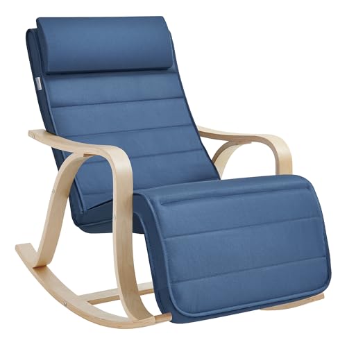 SONGMICS Sedia Legno di Betulla, Poltrona a Dondolo con Poggiapiedi Regolabile a 5 Altezze, Fodera in Cotone, Portata 150 kg, Blu Notte LYY041Q01, 67 x 125 x 91 cm : Casa e cucina