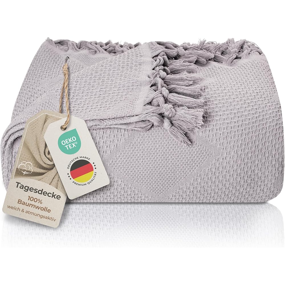 LAYNENBURG Premium Couvre-lit avec Franges nouées à la Main - 100% Coton - 220 x 240 cm - Couverture d'été en piqué gaufré en Coton, Couvre-canapé &amp; Couverture de canapé (Gris) : Cuisine et Maison