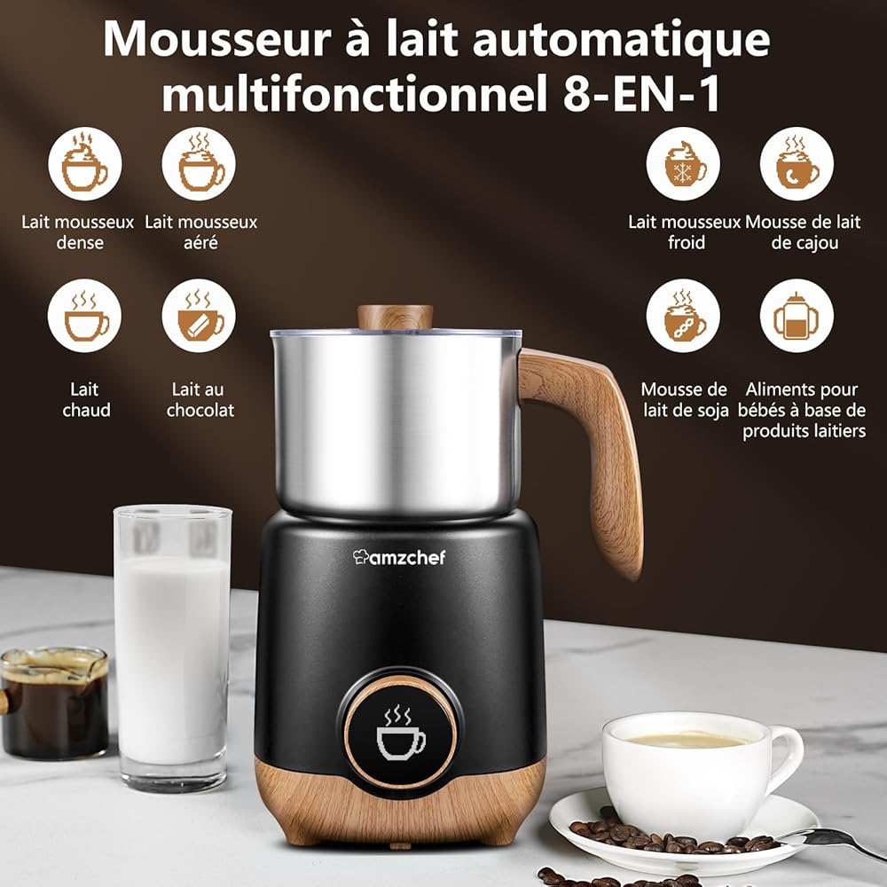 AMZCHEF 8 EN 1 Mousseur à Lait Multifonctionnel 550 Watts, Chauffe Lait Avec Tasse en Fendue de 600 ml pour Lait Chaud et Froid, Lait au Chocolat, Aliments pour Bébés à Base de Produits Laitiers : Cuisine et Maison