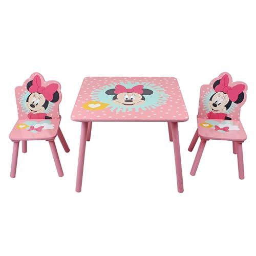Disney Minnie Mouse Table And Set for Kids (2 Chairs Included) Tavolo e Sedie, MDF da 15 mm, Legno di Pino, Rosa (Light Pink), Piccolo : Casa e cucina