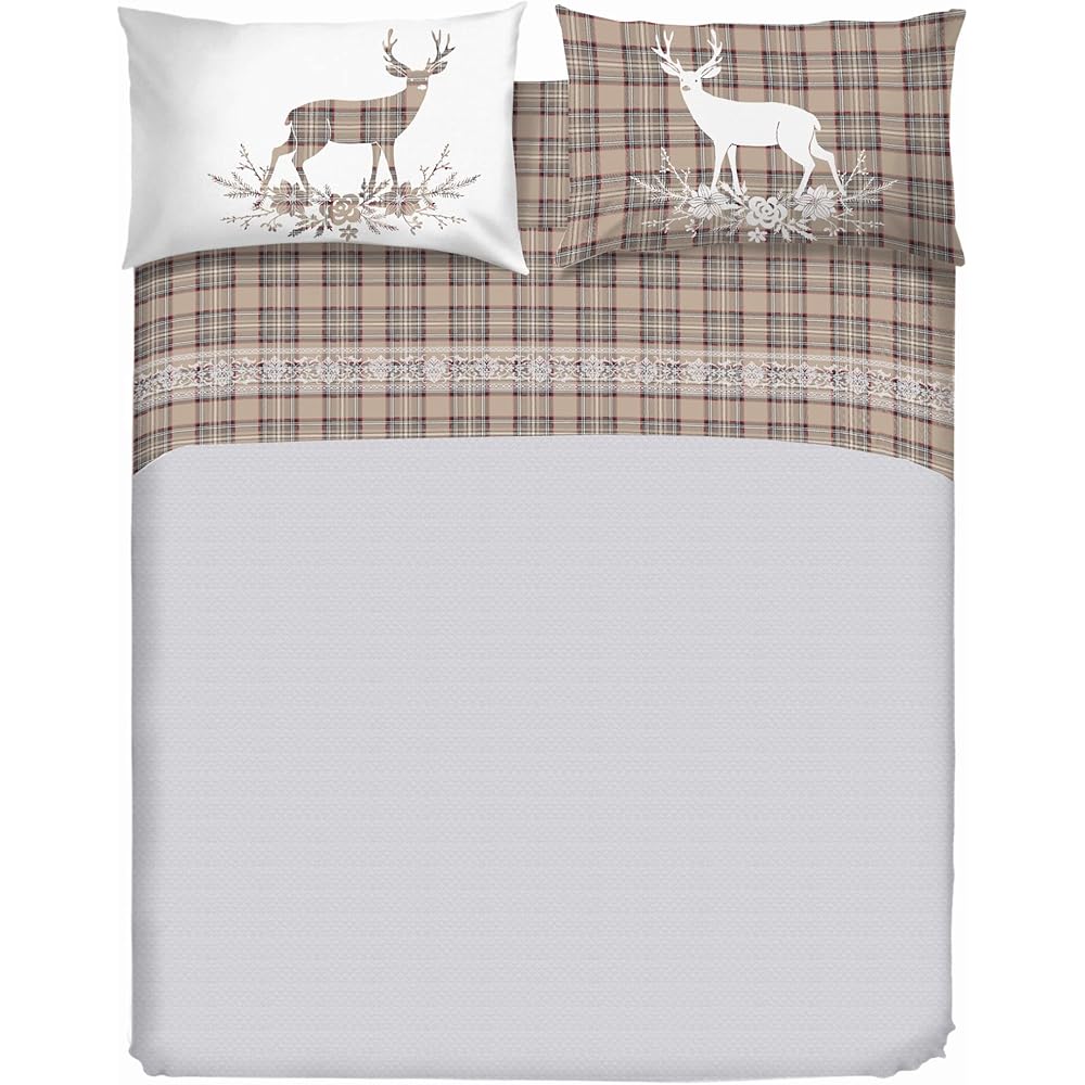PENSIERI DELICATI Parure de lit Double 100% Coton, Parure de lit Double 180 x 200 cm, avec Drap Plat, Dessus et 2 taies d'oreiller, fabriquée en Italie, Motif Tartan cerf Beige : Cuisine et Maison