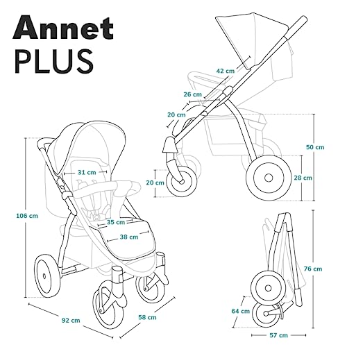 LIONELO Annet passeggino leggero pieghevole grigio regorabile con posizione sdraiata con ruote EVA cappottina XXL con zanzariera coprigambe portabibite fino 22 kg : Prima infanzia