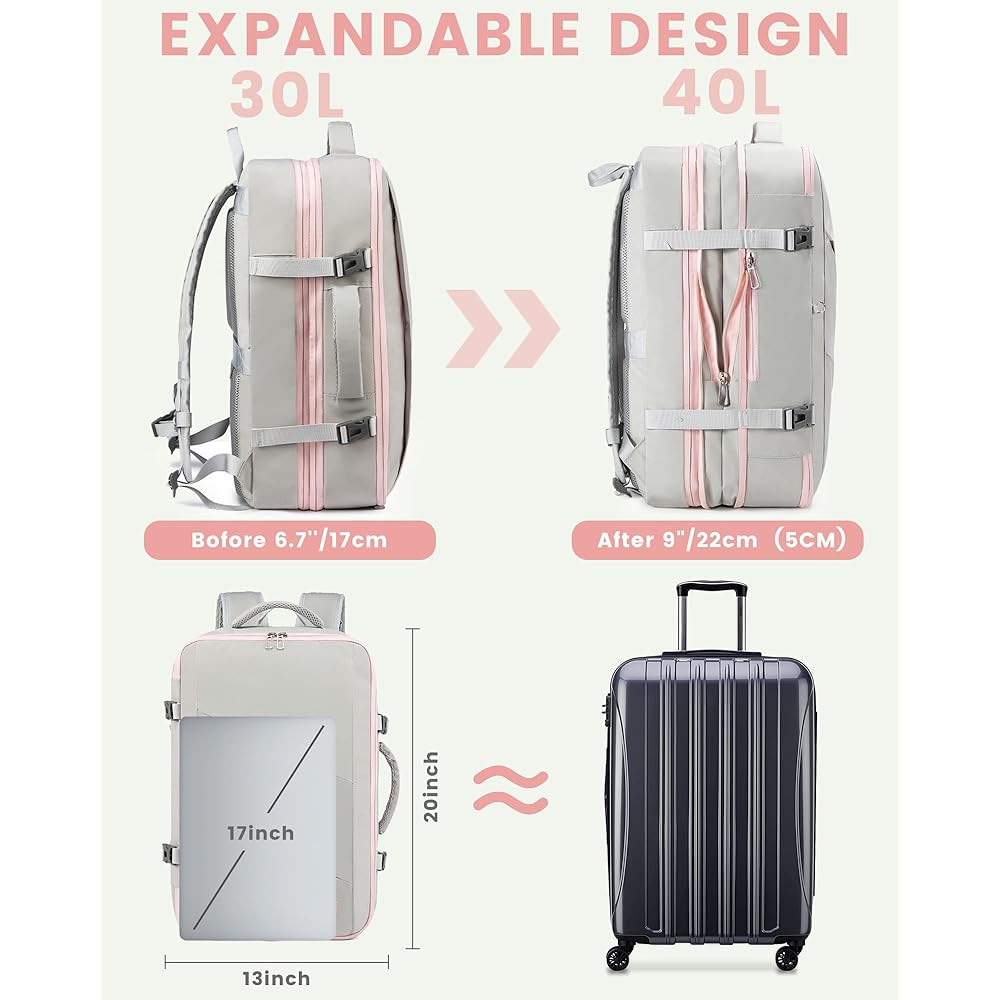 LOVEVOOK Sac à Dos Voyage Cabine Avion 40L Grand Sac à Dos Bagage à Main Antivol Sac à Dos Ordinateur Portable 17.3 Pouces Imperméable Sac Ados Homme Femme Gris Rose : Informatique