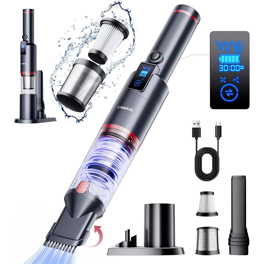 SmartAI Aspirateur à Main 17000Pa LED sans Fil Autonomie de 30 Minutes Sac Aspirateur léger sans Fil pour Voiture, Maison, Camping-Car, Poils d'animaux avec Support de Charge, Charge de Type C : Cuisine et Maison
