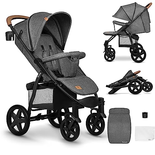 LIONELO Annet passeggino leggero pieghevole grigio regorabile con posizione sdraiata con ruote EVA cappottina XXL con zanzariera coprigambe portabibite fino 22 kg : Prima infanzia