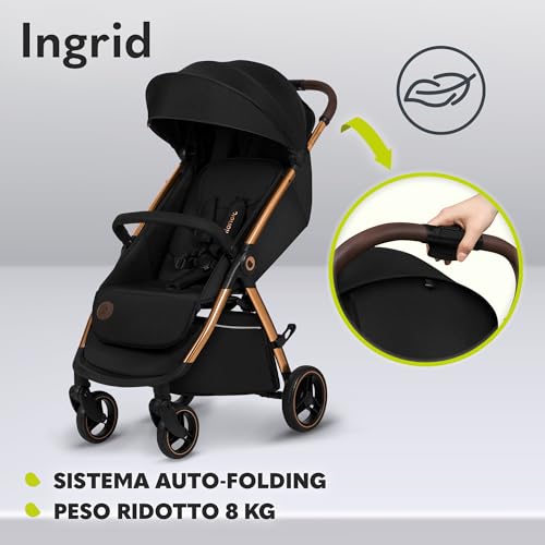 LIONELO INGRID Passeggino leggero per bambini da 6mesi a 4 anni/22kg Grandi ruote 360° in Schiuma EVA Assorbimento Pieghevole con una mano Schienale e poggiapiedi regolabili (INGRID, Nero) : Prima infanzia