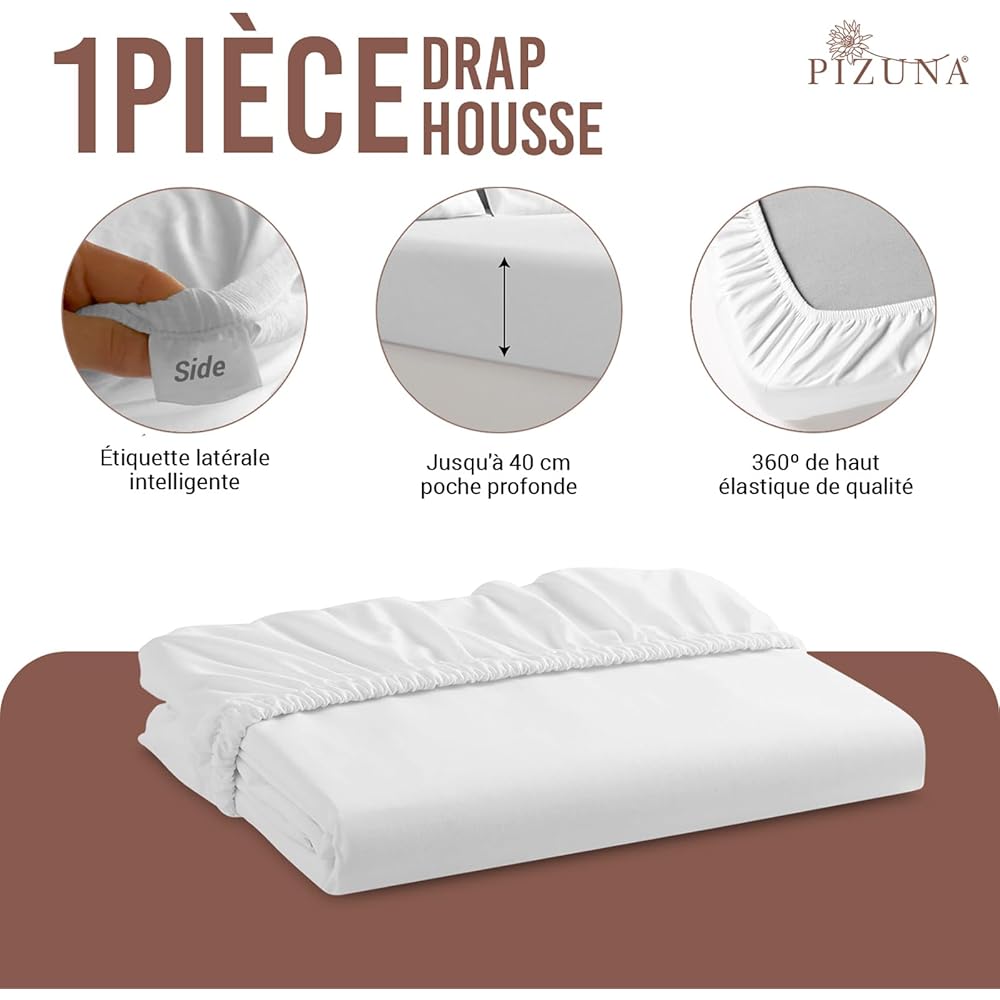 Pizuna Coton Drap Housse 200x200 cm Blanc, 100% Coton Longue durée en Percale, Drap-Housse à Poche Profonde 40 cm (Blanc Drap-Housse Coton 2 Personnes) : Cuisine et Maison