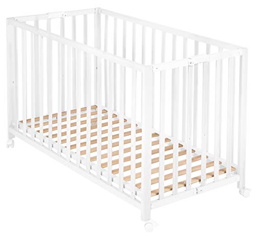 Roba Lit Bébé Pliant en Hêtre 60x120cm avec Roulettes, Blanc