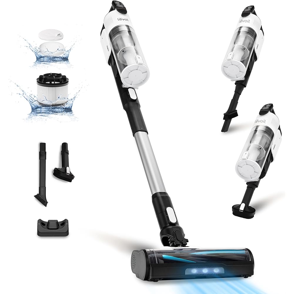 LEVOIT Aspirateur Balai sans Fil 4 en 1 Léger Anti-Enchevêtrement, jusqu'à 50 Mins, 5 Couches Filtre à 99,9%, Lumière LED, pour Les Poils d'animaux, Poussière, Sols Durs, Voitures, Balais Électriques : Cuisine et Maison