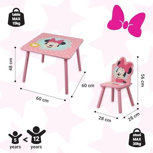 Disney Minnie Mouse Table And Set for Kids (2 Chairs Included) Tavolo e Sedie, MDF da 15 mm, Legno di Pino, Rosa (Light Pink), Piccolo : Casa e cucina