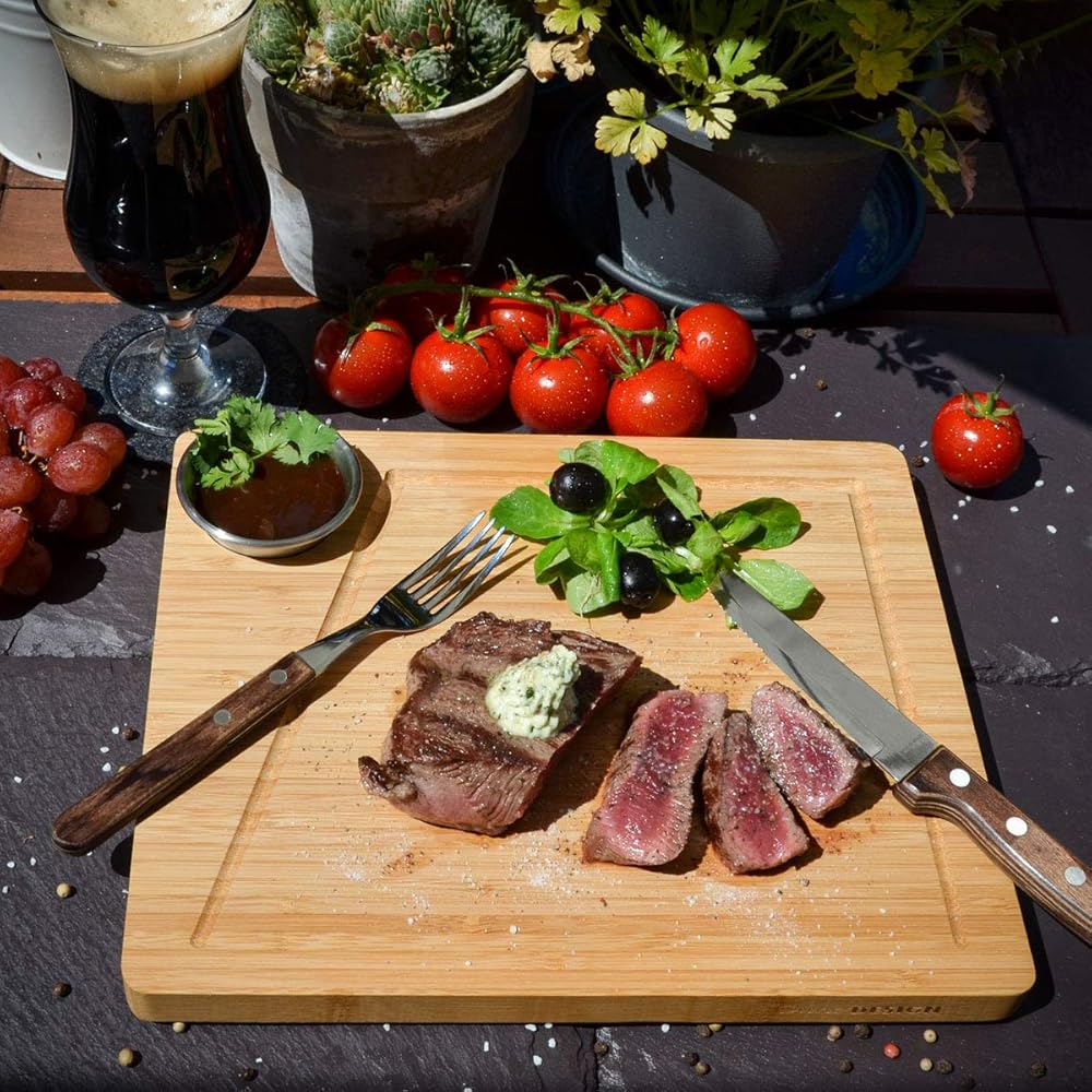 DuneDesign Lot de 4 - Planche de Service Bambou et Bol à Sauce - 30x25cm Assiette à Steak en Bois : Cuisine et Maison