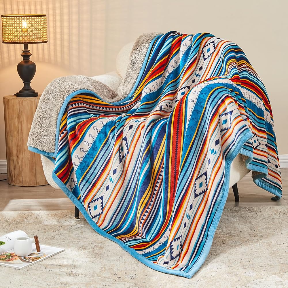 Qucover Couverture Polaire Épaisse 220x240cm, Jeté de Canape à Rayures Confortable Réversible en Flanelle et Sherpa, Plaid Polaire Luxueuse Bohémienne Extrêmement Douce et Chaude Idéale pour l'hiver : Cuisine et Maison
