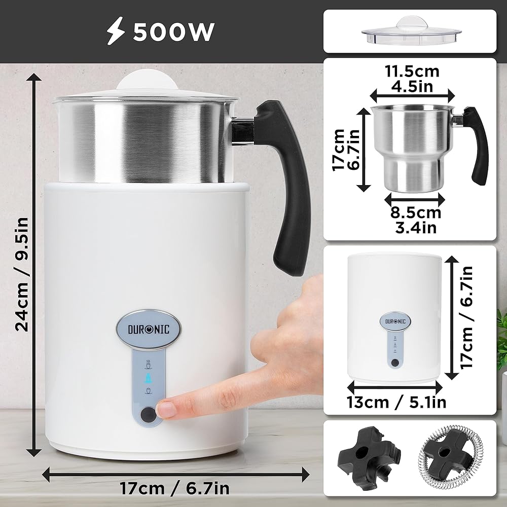 Duronic MF500 WE Mousseur à Lait électrique automatique 550W Pour café cappuccino latte chocolat chaud thé Mousse chaude ou froide et lait chaud Capacité 500 ml Pot en inox : Cuisine et Maison