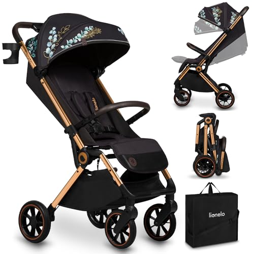 LIONELO Cloe Passeggino leggero e pieghevole per bambini da 0 fino a 22kg Schienale regolabile Posizione nanna Impermeabile, Cinture a 5 punti, Ruote XXL, Zanzariera, Portabicchieri (Momenti d'oro) : Prima infanzia