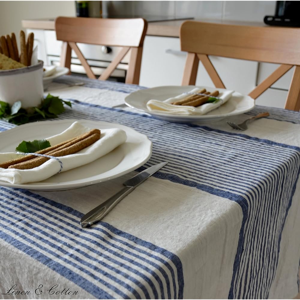 Linen &amp; Cotton Nappe de Table Rayée en Tissu Olivier - 100% Lin Lavé, Blanc Bleu (150 x 250 cm) Lavable Rectangulaire Grande Vintage Rustique Campagne Champetre pour Maison Cuisine Fête Ete Exterieur : Cuisine et Maison