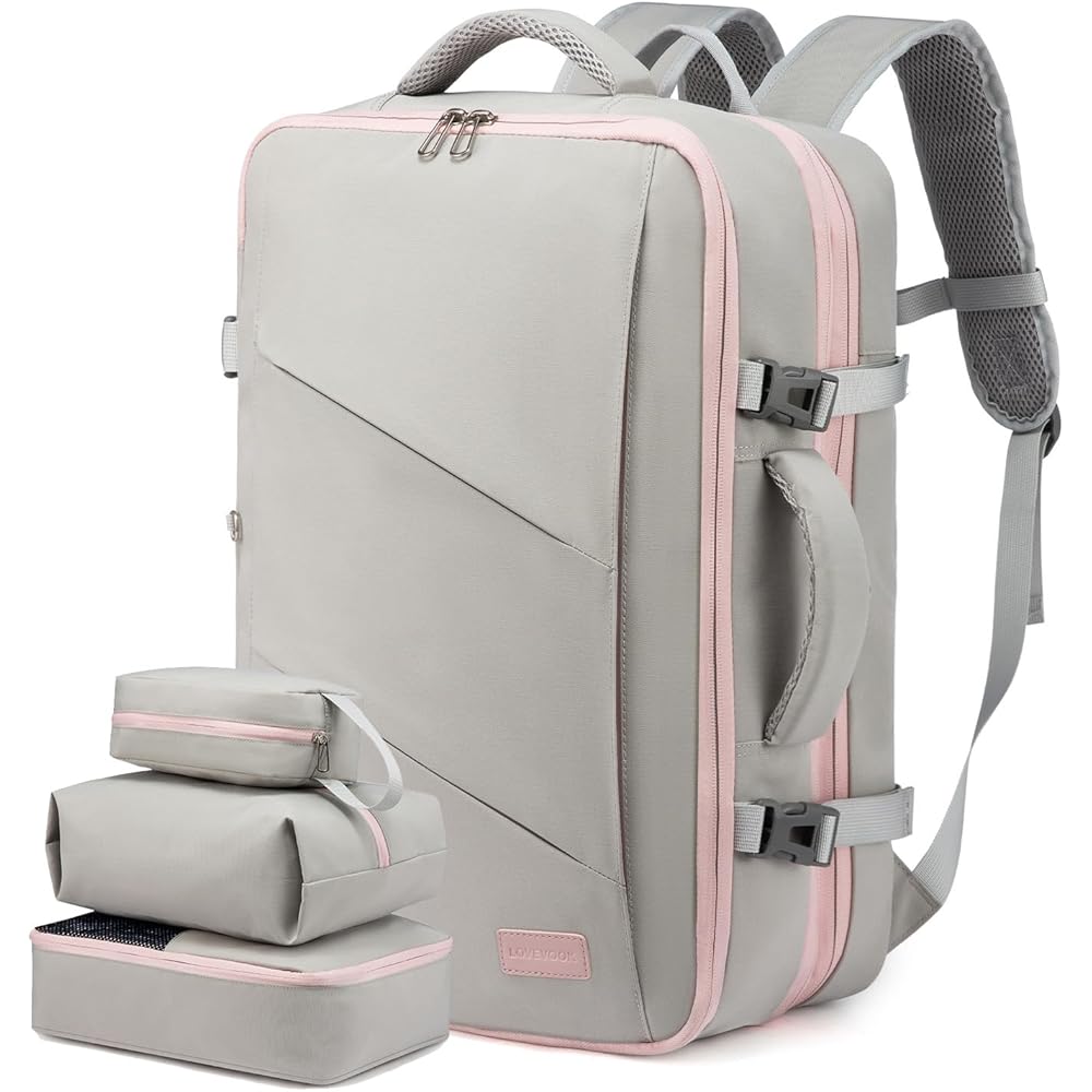 LOVEVOOK Sac à Dos Voyage Cabine Avion 40L Grand Sac à Dos Bagage à Main Antivol Sac à Dos Ordinateur Portable 17.3 Pouces Imperméable Sac Ados Homme Femme Gris Rose : Informatique