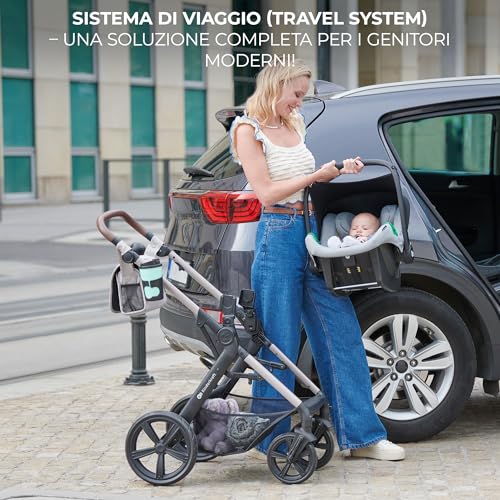 Kinderkraft MOOV2 Trio passeggino neonati 3 in 1 fino 26 kg, con Ovetto I SIZE 40 75 cm, Carrozzina reversibile fronte mamma e strada, Schienale regolabile, Ruote EVA, Grigio : Prima infanzia