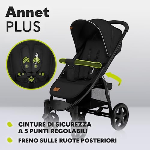 LIONELO Annet passeggino leggero pieghevole grigio regorabile con posizione sdraiata con ruote EVA cappottina XXL con zanzariera coprigambe portabibite fino 22 kg (Nero, PLUS) : Prima infanzia