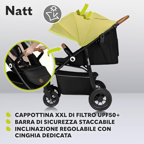 LIONELO NATT Passeggino compatto per bambini dalla nascita fino a 22 kg Pieghevole, Completa regolazione, Posizione sdraiata, Cinture 5punti, Grandi ruote Ammortizzazione, Cappottina XXL, Impermeabile : Prima infanzia
