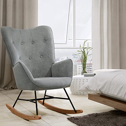 MEUBLE COSY Sedia a Dondolo con braccioli e Seduta Imbottita per Soggiorno, Camera da Letto, Struttura in Metallo e Base in Legno, Tessuto, Grigio Chiaro, 66x84x97 cm : Casa e cucina