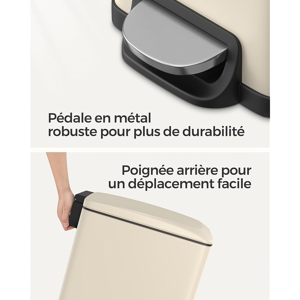 SONGMICS Poubelle à Pédale 48L Acier Beige Sable