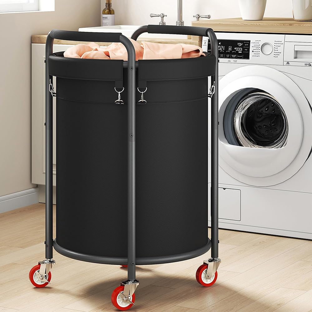 FAVOOSTY Panier à Linge à roulettes, Chariot de tri du Linge Rond de 190 litres, Deux Compartiments avec 4 roulettes, revêtement Amovible, Cadre en Acier avec poignée, Convient aux Chambres à Coucher : Cuisine et Maison