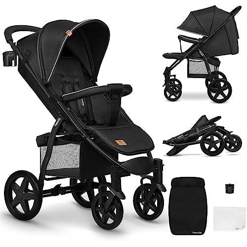 LIONELO Annet passeggino leggero pieghevole grigio regorabile con posizione sdraiata con ruote EVA cappottina XXL con zanzariera coprigambe portabibite fino 22 kg (Nero, PLUS) : Prima infanzia
