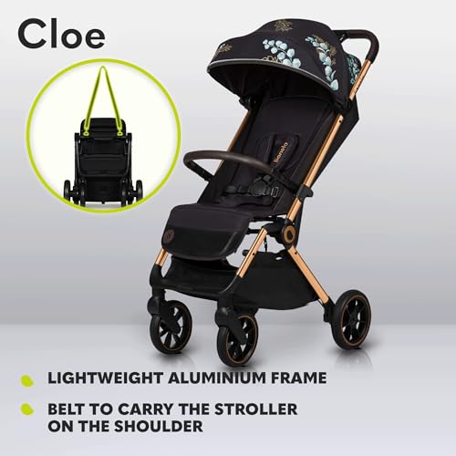LIONELO Cloe Passeggino leggero e pieghevole per bambini da 0 fino a 22kg Schienale regolabile Posizione nanna Impermeabile, Cinture a 5 punti, Ruote XXL, Zanzariera, Portabicchieri (Momenti d'oro) : Prima infanzia