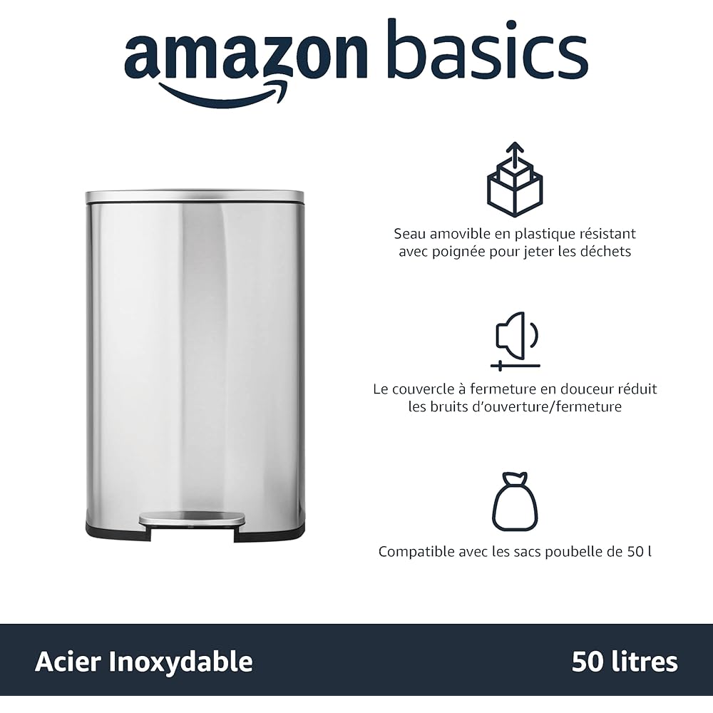 Amazon Basics Poubelle rectangulaire à fermeture douce, 50 l (13.2 Gallons), nickel satiné : Cuisine et Maison