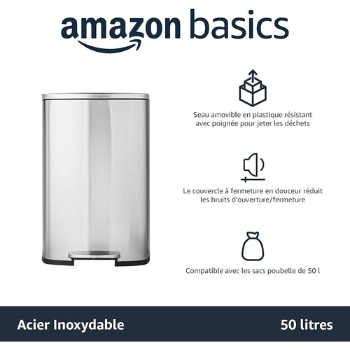 Amazon Basics Poubelle rectangulaire à fermeture douce, 50 l (13.2 Gallons), nickel satiné : Cuisine et Maison